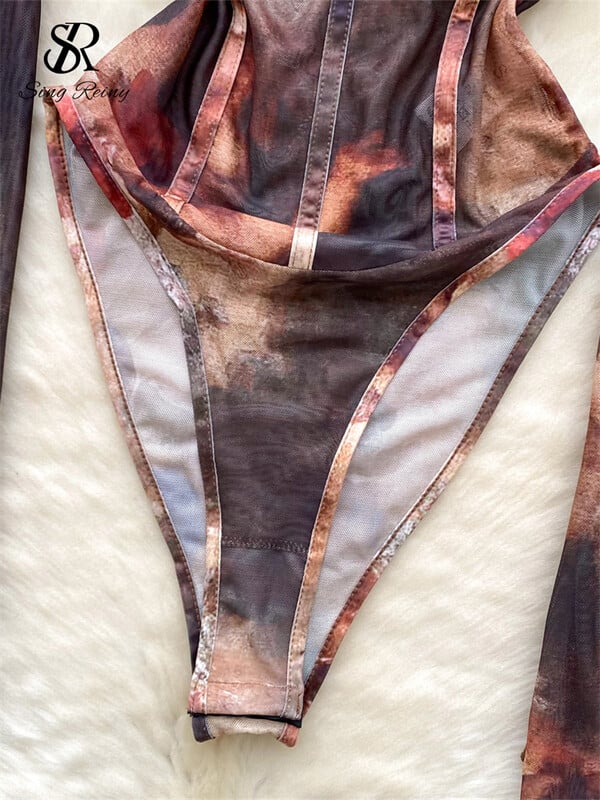 SINGREINY Sieťované potlač sexy body s hranatým výstrihom, dlhými rukávmi, otvoreným rozkrokom, štíhlym overalom s batikovaným retro vzorom