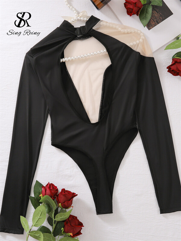 SINGREINY Transparent Sexy Body 2024 Fashion Sheer Mesh Splicing Manecă Lungă Teacă Salopetă Neregulat Backless Beach Bikini