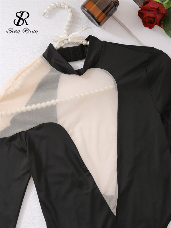 SINGREINY Transparent Sexy Body 2024 Fashion Sheer Mesh Splicing Manecă Lungă Teacă Salopetă Neregulat Backless Beach Bikini