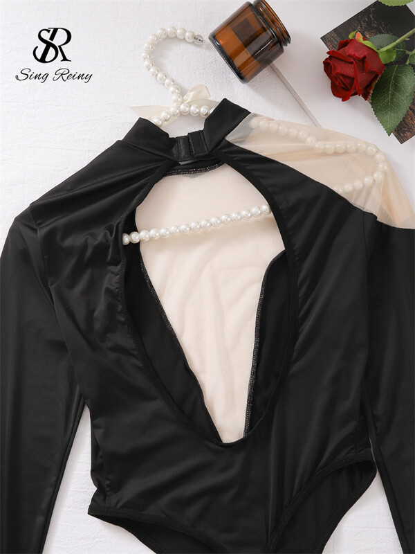 SINGREINY Transparent Sexy Body 2024 Fashion Sheer Mesh Splicing Manecă Lungă Teacă Salopetă Neregulat Backless Beach Bikini