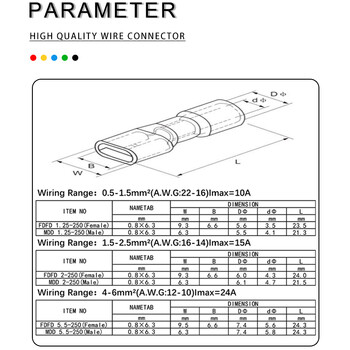 50PCS FDD/MDD 6,3mm Τερματικό Κόκκινο Μπλε Κίτρινο Θηλυκό αρσενικό φτυάρι με μόνωση ηλεκτρικού πρεσαρίσματος ακροδεκτών βύσμα καλωδίωσης