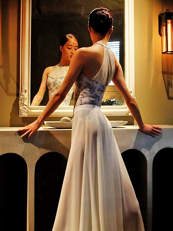 Tricou de balet alb sexy pentru femei, adult, elegant, cu gât, plasă, cusături, gimnastică, costum de dans balerină