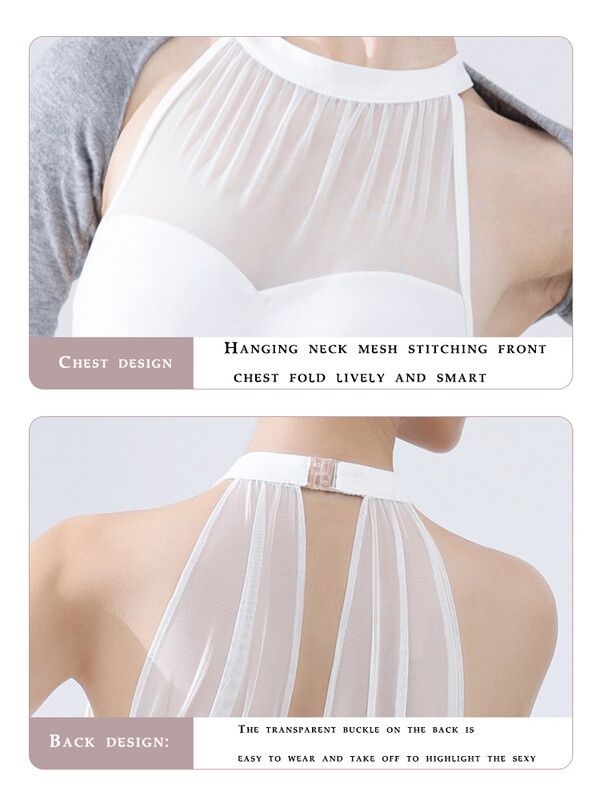 Tricou de balet alb sexy pentru femei, adult, elegant, cu gât, plasă, cusături, gimnastică, costum de dans balerină