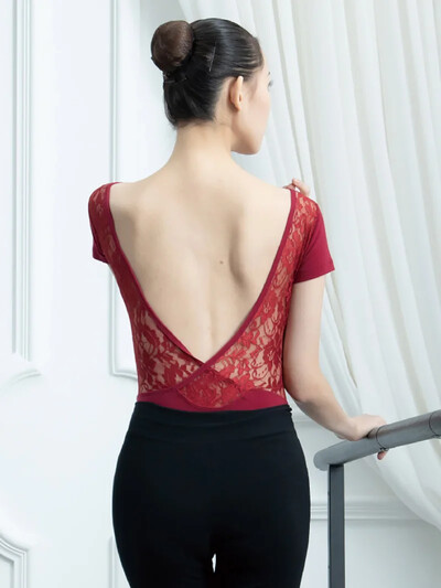 Body de femeie Adult de vară cu mâneci scurte cu decolteu în V dantelă fără spate Balet gimnastică leotard rochie de dans liric contemporan modern