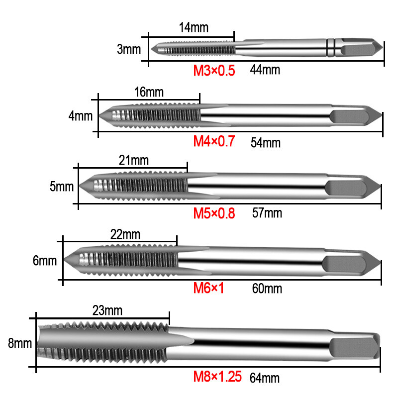 5db Hss gépi csavarmenet metrikus dugós menetes menetes menetfúró 3 mm 4 mm 5 mm 6 mm 8 mm M3-M8 készlet csavarmenet menetfúró M3 M4 M5 M6 M8