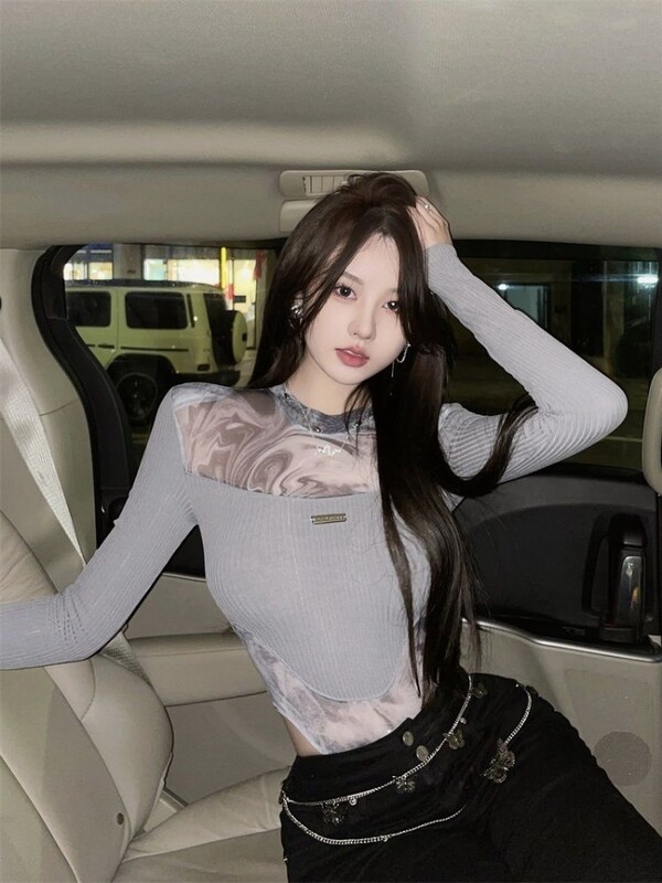 Seksīgi šiki sieviešu bodiji ar garām piedurknēm, tīklveida, amerikāņu retro šaurs kombinezons, dāmu ielas apģērbs Y2K gotikas punk bodycon topi