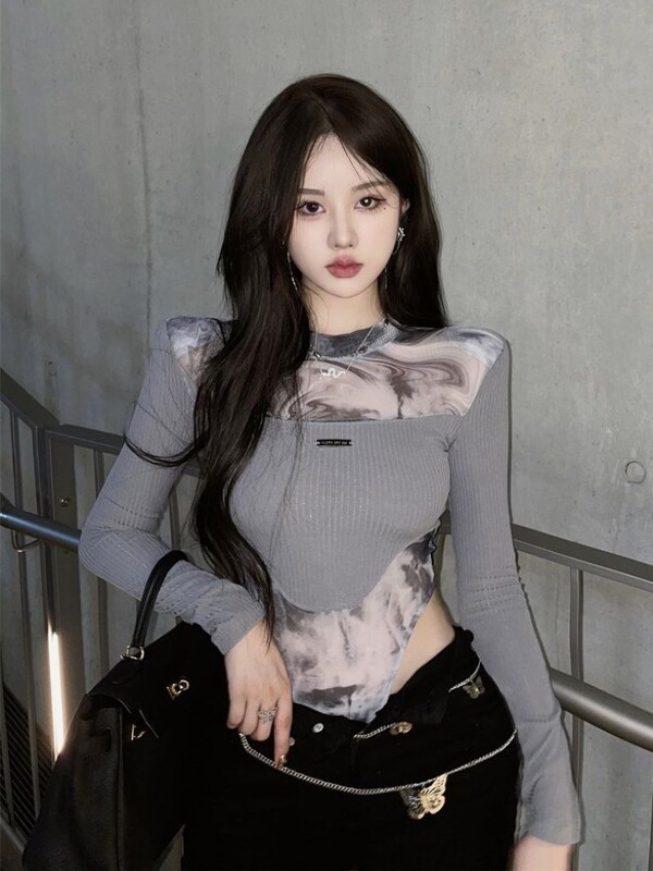 Seksīgi šiki sieviešu bodiji ar garām piedurknēm, tīklveida, amerikāņu retro šaurs kombinezons, dāmu ielas apģērbs Y2K gotikas punk bodycon topi