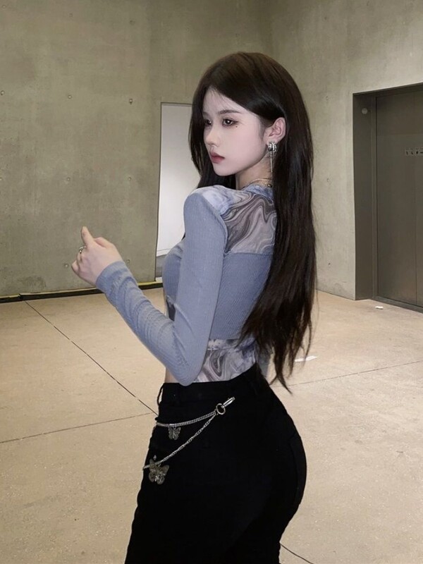 Seksīgi šiki sieviešu bodiji ar garām piedurknēm, tīklveida, amerikāņu retro šaurs kombinezons, dāmu ielas apģērbs Y2K gotikas punk bodycon topi