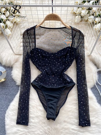 SINGREINY 2024 New Spring Diamond Bodysuits Αμερικανικά μακρυμάνικα Slim Skinny Playsuits Γυναικεία Sexy Perspective Mesh Rompers