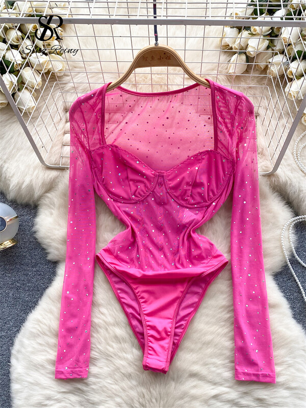 SINGREINY 2024, noi de primăvară cu diamante, salopete americane cu mânecă lungă, subțiri și slabe, salopete din plasă cu perspectivă sexy pentru femei