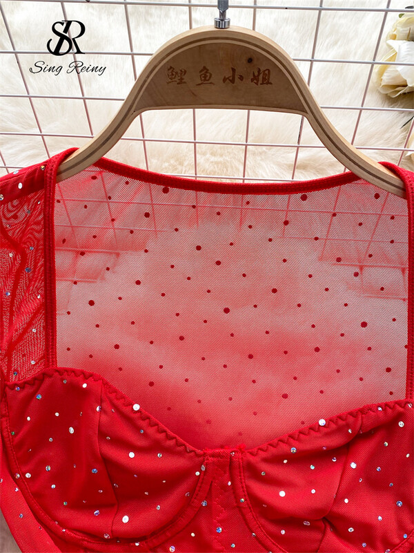 SINGREINY 2024, noi de primăvară cu diamante, salopete americane cu mânecă lungă, subțiri și slabe, salopete din plasă cu perspectivă sexy pentru femei