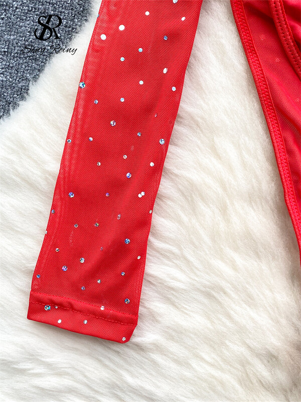 SINGREINY 2024, noi de primăvară cu diamante, salopete americane cu mânecă lungă, subțiri și slabe, salopete din plasă cu perspectivă sexy pentru femei