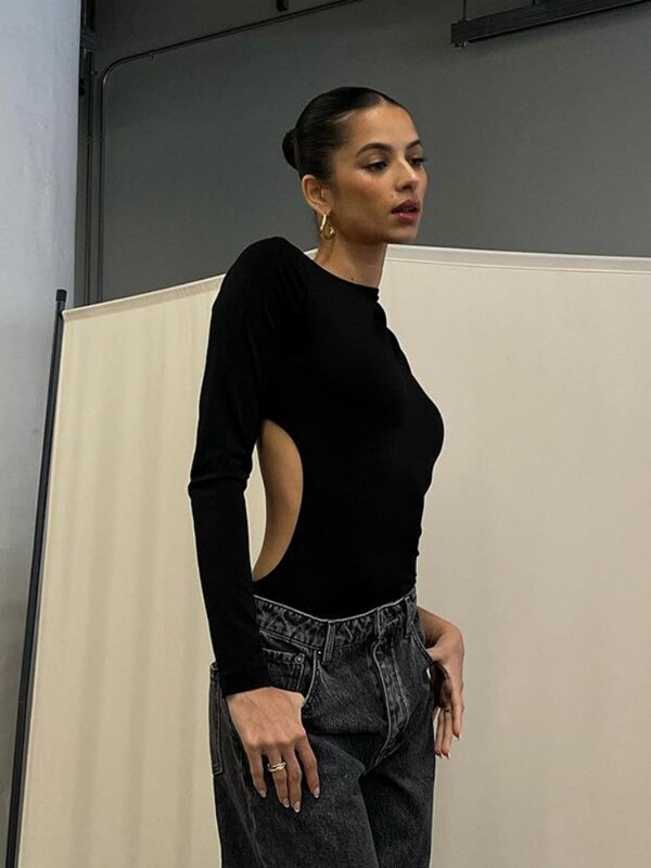 Sexy body s jedným rukávom, spodná bielizeň s výstrihom do V, čierny top s dlhým rukávom a odhaleným chrbtom, dámske jednodielne body