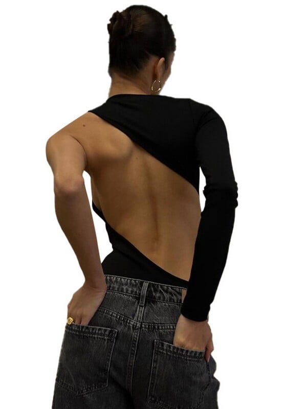 Sexy body s jedným rukávom, spodná bielizeň s výstrihom do V, čierny top s dlhým rukávom a odhaleným chrbtom, dámske jednodielne body