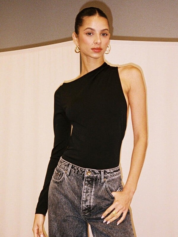 Sexy body s jedným rukávom, spodná bielizeň s výstrihom do V, čierny top s dlhým rukávom a odhaleným chrbtom, dámske jednodielne body