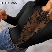 Naiste Basic Solid Lace Patch pikkade varrukatega Seksikad kõhnad mustad pluusid