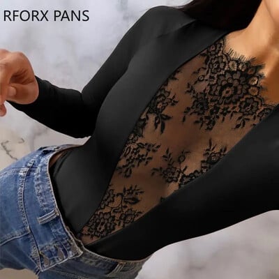 Naiste Basic Solid Lace Patch pikkade varrukatega Seksikad kõhnad mustad pluusid