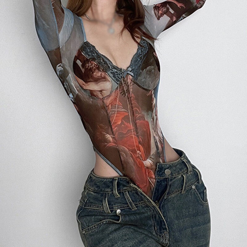 Cu mâneci lungi Retro Mesh Perspective Sexy Body Salopetă Top Imprimat Îmbrăcăminte pentru femei