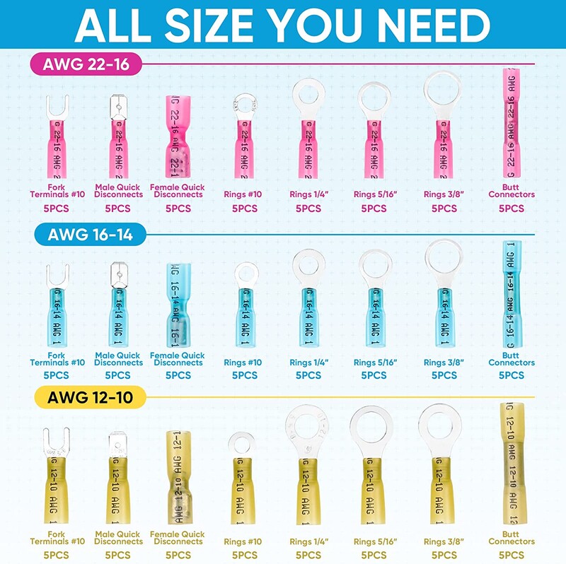 120 vnt. šilumai susitraukiančios vielos jungtys, vandeniui atsparūs automobilių jūrų elektros gnybtai, užspaudžiami jungties žiediniai šakės kastuvai