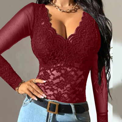 Bluză subțire din dantelă florală cu decolteu în V 2023, vară, toamnă, broderie cu flori, cu plasă neagră, topuri transparente, tricou sexy pentru femei