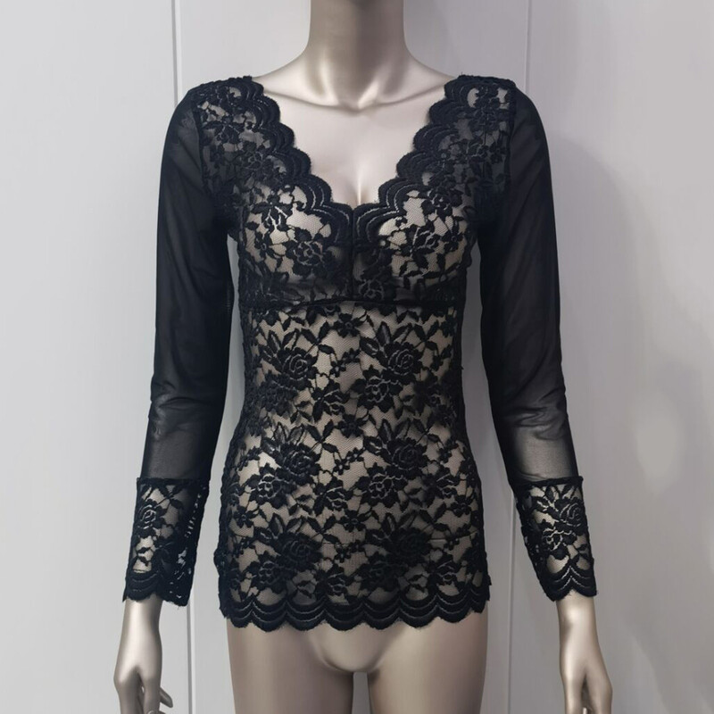 Bluză subțire din dantelă florală cu decolteu în V 2023, vară, toamnă, broderie cu flori, cu plasă neagră, topuri transparente, tricou sexy pentru femei