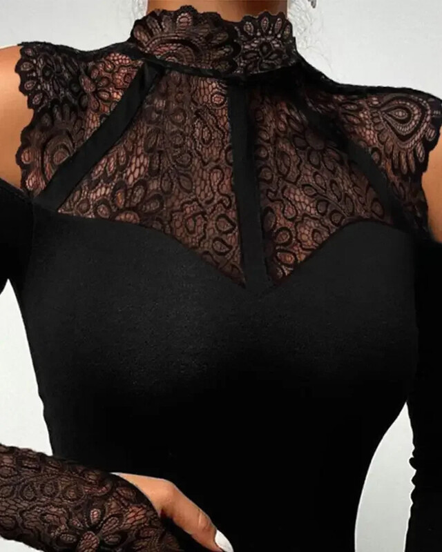 Body cu mânecă lungă din dantelă contrastantă cu umăr rece pentru femei.