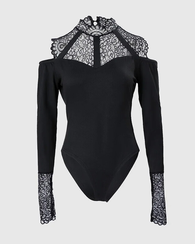 Body cu mânecă lungă din dantelă contrastantă cu umăr rece pentru femei.