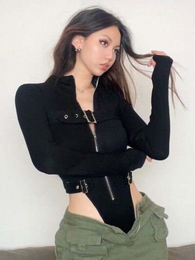 Punk motoros stílusú fém gombos cipzáras jumpsuit Női Sport Bodycon Streetwear Y2k Retro hosszú ujjú kardigán felsők Body