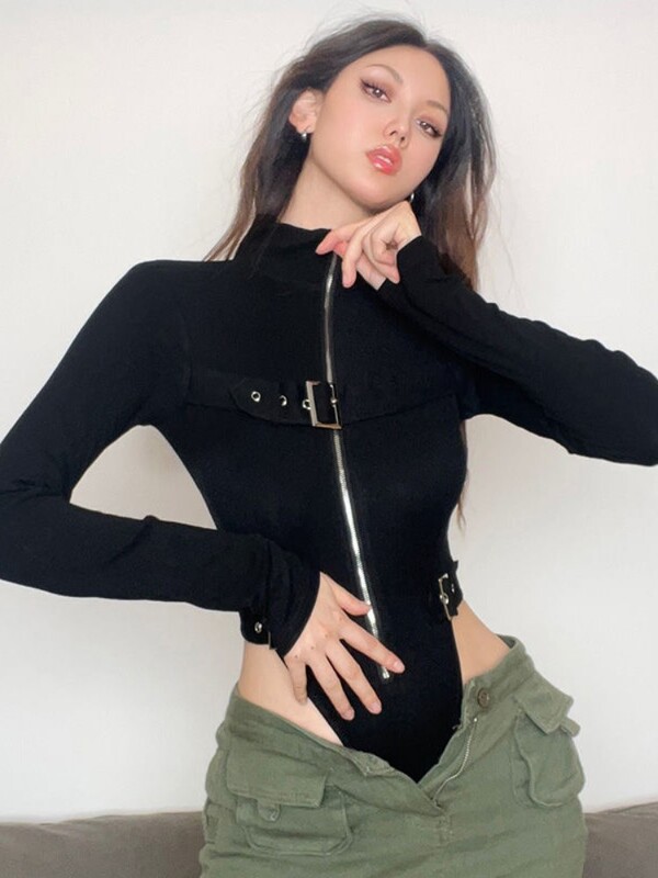 Dámsky punkový motocyklový overal s kovovými gombíkmi a zipsom, športový, bodycon, streetwear, retro kardigan s dlhým rukávom, topy a body