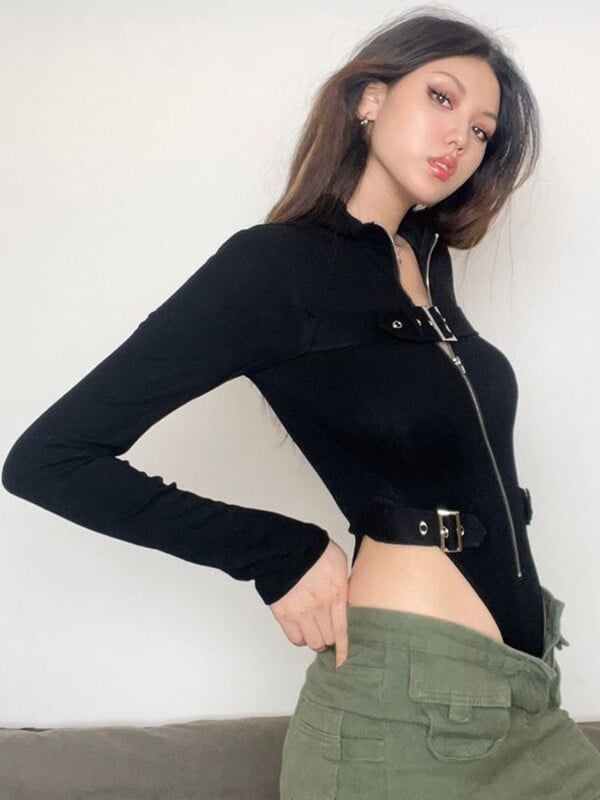 Dámsky punkový motocyklový overal s kovovými gombíkmi a zipsom, športový, bodycon, streetwear, retro kardigan s dlhým rukávom, topy a body