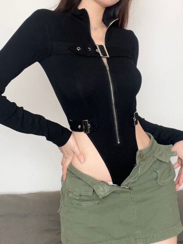 Dámsky punkový motocyklový overal s kovovými gombíkmi a zipsom, športový, bodycon, streetwear, retro kardigan s dlhým rukávom, topy a body
