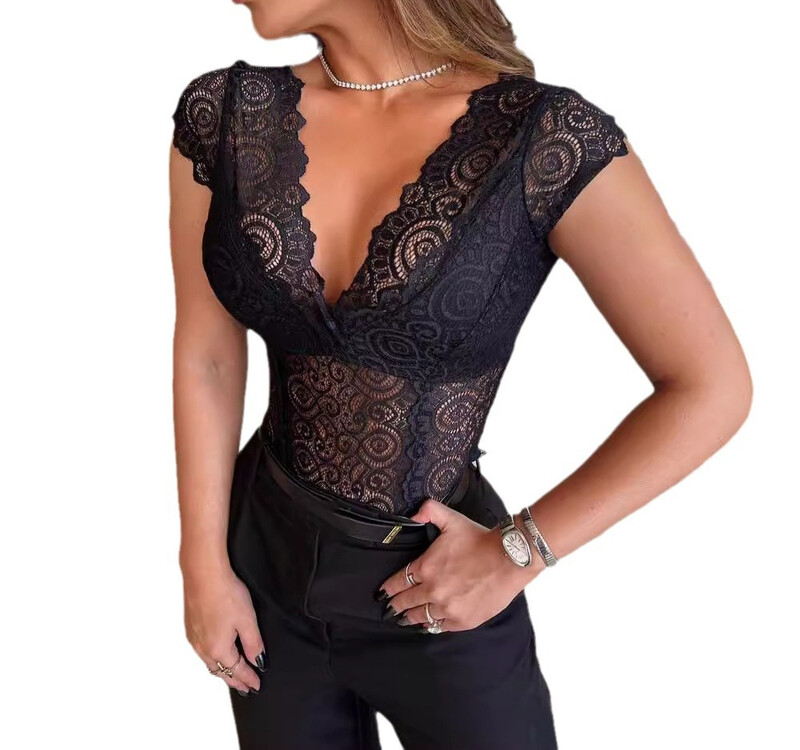 Sieviešu bodijs Streetwear Modes vienkāršs seksīgs V-veida kakla mežģīņu vāciņš, piedurknes ikdienišķs šaurs ikdienas ķermeņa tērps, Y2K topi 2024. gada vasaras jaunums