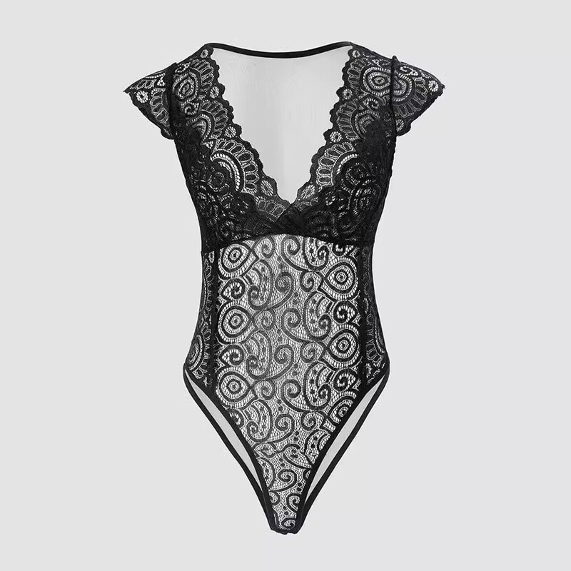 Sieviešu bodijs Streetwear Modes vienkāršs seksīgs V-veida kakla mežģīņu vāciņš, piedurknes ikdienišķs šaurs ikdienas ķermeņa tērps, Y2K topi 2024. gada vasaras jaunums