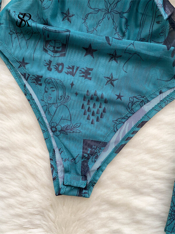 SINGREINY Retro potlačené overaly, módne dámske body s otvoreným rozkrokom a dlhým rukávom, skinny overal 2023, erotické sexy priehľadné dámske overaly