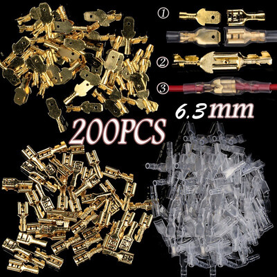 200 vnt. 2,8/4,8/6,3 mm jungiamieji/vyriški gnybtai Laidų jungtys Suspaudžiami gnybtai, užspaudžiami su skaidriomis izoliacinėmis movomis