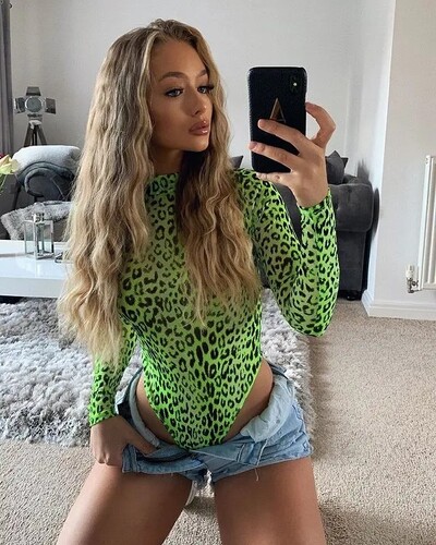 OMSJ Fashion Toamna Neon Verde Damă Body cu mânecă lungă cu imprimeu leopard Combi sexy cu croiala înaltă, cu gât roscat, Skinny, dintr-o bucată