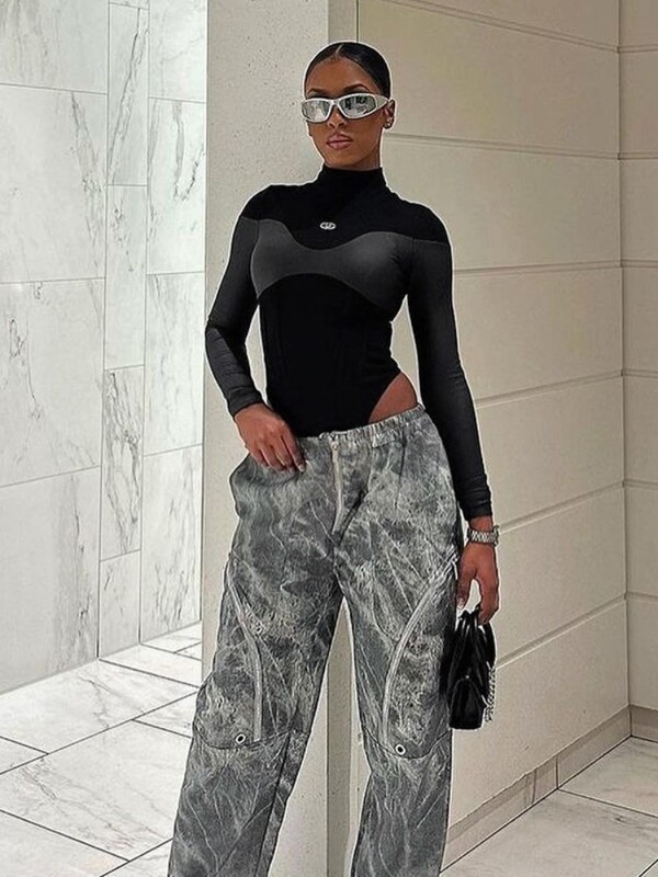 Y2K Streetwear gotic pentru femei, sexy, subțire, din piele, cu mâneci lungi, salopete cu mâneci lungi, topuri, ocazional, skinny, haine pentru femei