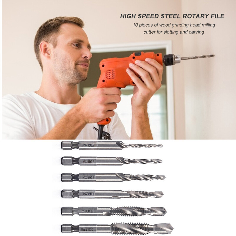 6db M3-M10 csavarmenetes metrikus menetfúrófejek HSS csavaros menetfúró bit hatszögletű, összetett menetfúrószerszámok szerelőknek