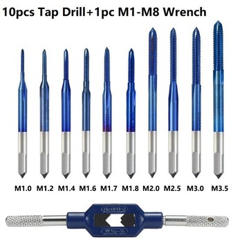Σετ βρύσης με κλωστή 10τμχ M1 M1.2 M1.4 M1.6 M1.7 M1.8 M2 M2.5 M3 M3.5 HSS Μετρική Βύσμα Βρύσης με Γαλλίδι Βρύση Μηχανής με Νανο Μπλε επίστρωση