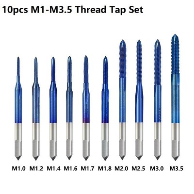 Keermekraani komplekt 10 tk M1 M1,2 M1,4 M1,6 M1,7 M1,8 M2 M2,5 M3 M3,5 HSS meetriline pistikukraan mutrivõtmega, nanosinise kattega masinakraan