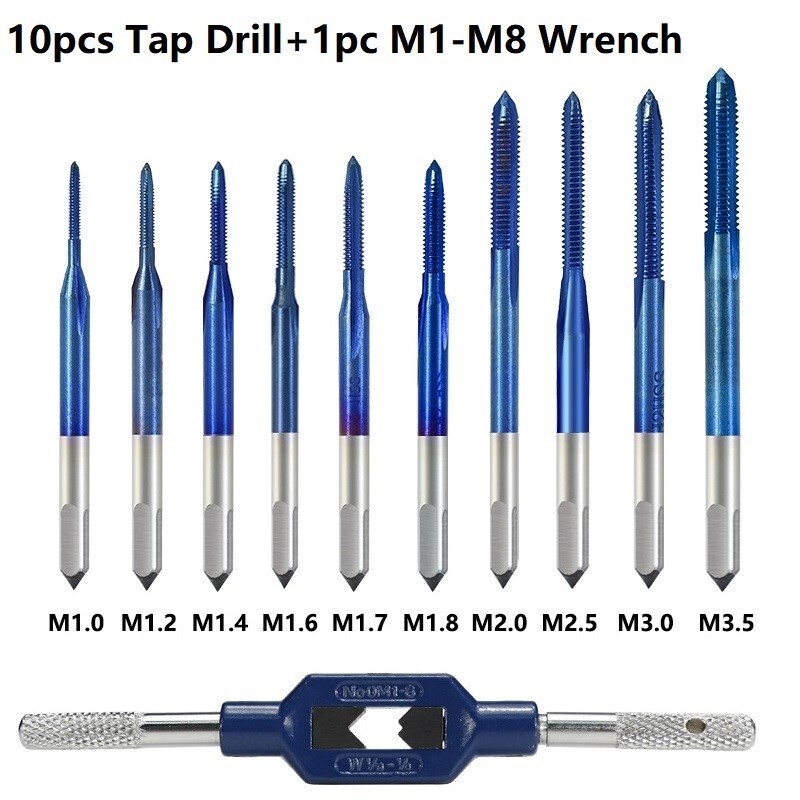 Vītņu tapu komplekts 10 gab M1 M1.2 M1.4 M1.6 M1.7 M1.8 M2 M2.5 M3 M3.5 HSS metriskais spraudņa krāns ar uzgriežņu atslēgu ar nanozilu pārklājumu mašīnas krāns