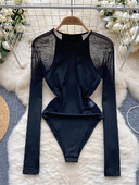 SINGREINY Patchwork Mesh Slim Playsuits Ladies O Neck Garām piedurknēm Dobs Out Sheath Top Franču stila Open Crotch Caurspīdīgi bodiji