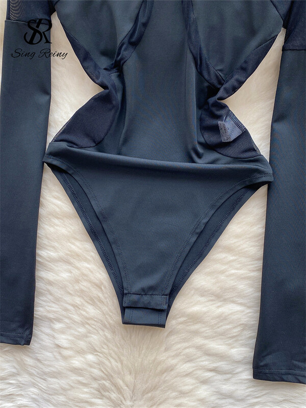 SINGREINY Patchwork Mesh Slim Playsuits Ladies O Neck Garām piedurknēm Dobs Out Sheath Top Franču stila Open Crotch Caurspīdīgi bodiji