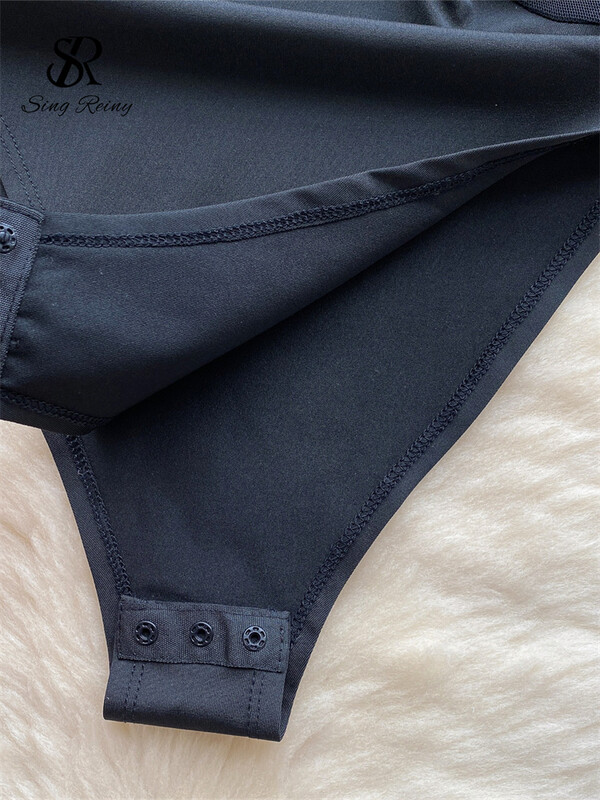 SINGREINY Patchwork Mesh Slim Playsuits Ladies O Neck Garām piedurknēm Dobs Out Sheath Top Franču stila Open Crotch Caurspīdīgi bodiji