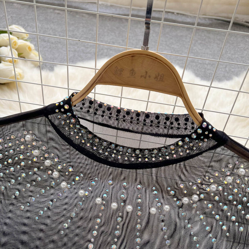 Szexi női body, átlátszó, áttetsző hálós, hosszú ujjú test felsők 2024 nyári divat, gyöngyökkel díszített, vékony klubbuli alsónadrág overál