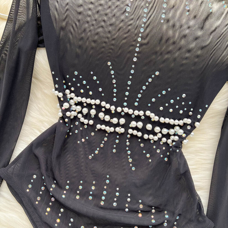 Szexi női body, átlátszó, áttetsző hálós, hosszú ujjú test felsők 2024 nyári divat, gyöngyökkel díszített, vékony klubbuli alsónadrág overál