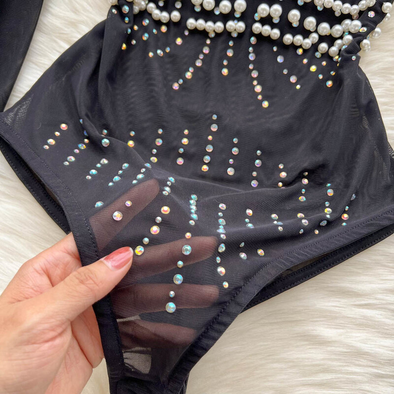 Szexi női body, átlátszó, áttetsző hálós, hosszú ujjú test felsők 2024 nyári divat, gyöngyökkel díszített, vékony klubbuli alsónadrág overál