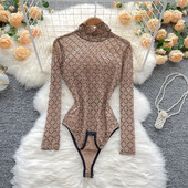 Ins Fashion See Through Mesh Body Női garbó hosszú ujjú kockás Skinny Bodycon Jumpsuit Női Szexi Clubwear test felsők