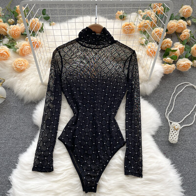 Ins Fashion See Through Mesh Body Női garbó hosszú ujjú kockás Skinny Bodycon Jumpsuit Női Szexi Clubwear test felsők
