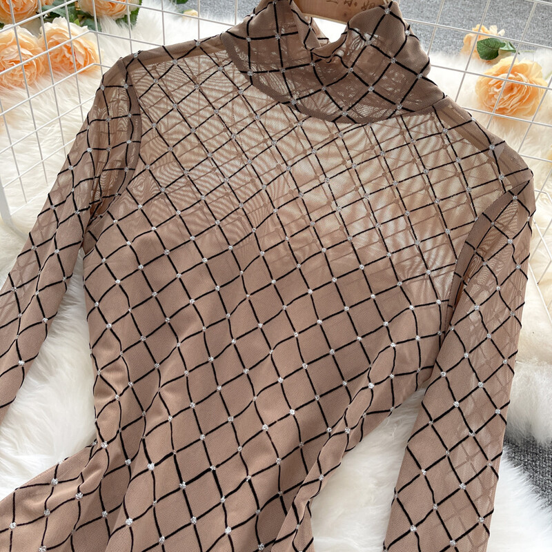 Ins Fashion See Through Mesh Body Női garbó hosszú ujjú kockás Skinny Bodycon Jumpsuit Női Szexi Clubwear test felsők